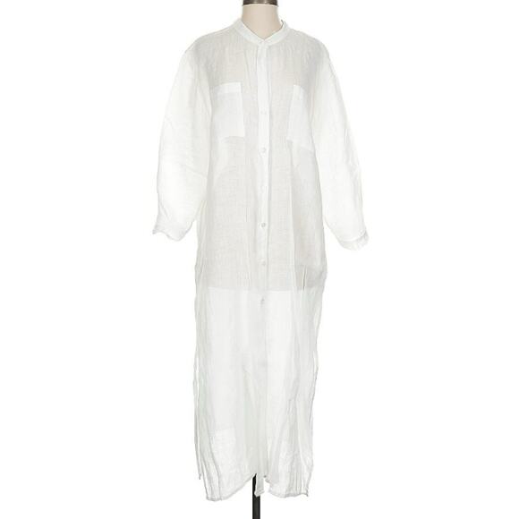 Enzo Costa 100% White Linen Collarless Bracelet Length Sleeve Shirt Dress 3 L - Picture 4 of 12